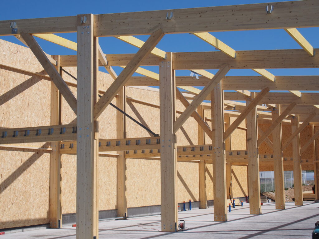 Ossature en bois sur chantier de construction.